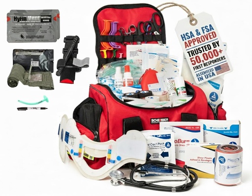 [BRSW2AT4BYFAKG36] Scherber Fully-Stocked First Responder Bag | Professional EMT/EMS Trauma & Bleeding Medical Kit | HSA/FSA Approved | CAT Tourniquet, HyFin Chest Seal, Israeli Bandage & 250+ First Aid Supplies (Red)