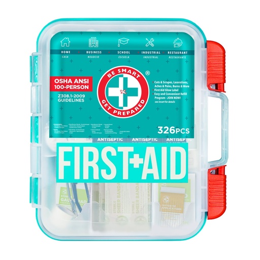 [BRSWKYQACMGQGGY5] Be Smart Get Prepared First Aid Kit, Teal, 326 Piece, Exceeds OSHA and ANSI Guidelines 100 People - Office, Home, Car, School, Emergency, Survival, Camping, Hunting and Sports