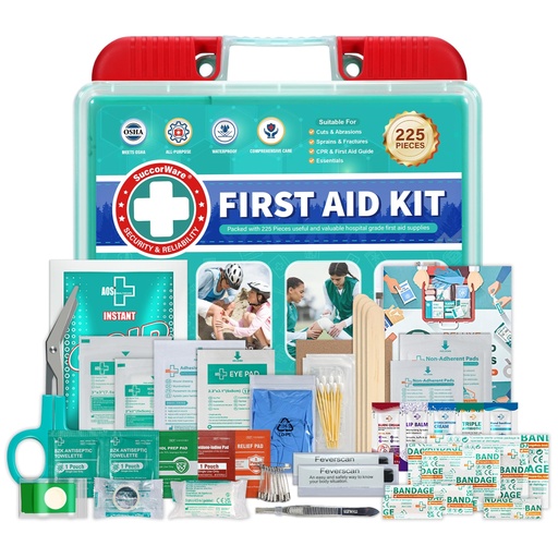 [BRSREGAPPINQGDI7] SuccorWare 225 Pieces First Aid Kit, Includes Ice Pack, Adhesive Bandages, Wound Gauze Pads, Portable First Aid Bag for Home, Car, Business, Travel, Outdoor Emergency Medical Kits