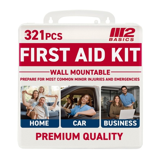 [BRSWG2QRB57GCHT6] M2 BASICS 321 Piece Premium First Aid Kit, w/Hard Case for Home, Business | Office, Workplace, Warehouse, Vehicle, Jobsite, Garage, Family, Classroom, School, Kitchen, RV And Emergency Readiness