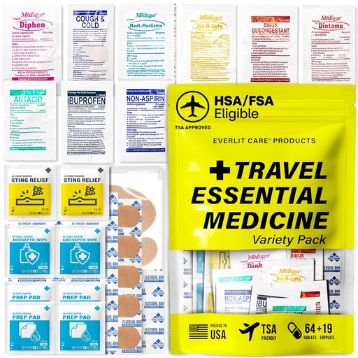 [BRSREGT4CQMBOA3F] EVERLIT CARE Travel Essential Medicine First Aid Kit I Bonus Medical Supplies I TSA Compliant Mini Size Medkit for Traveling Camping Trips Individually Packed 64 Tablets (Refill Pack)