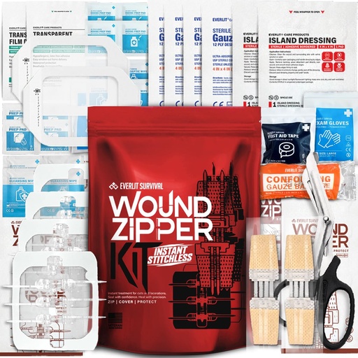 [BRSRAZQHCEPBA3AZ] EVERLIT Wound Closure Kit | Surgical Zip-Stitch Devices for Cut & Laceration | Sterile, Suture-Free, Stitch-Less Adhesive Butterfly Bandages for Emergency First Aid Wound Care (6 Zip Complete Kit)