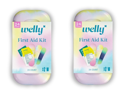 [BRSWYAY5DN4AK3AU] Welly Quick Fix Colorwash, On The Go First Aid Kit, Assorted Bandages, Ointments, and Hand Sanitizer, Tie Dye Patterns, 2 Pack