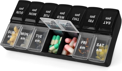 [BRSRAYYRPN4AK334] 7 Day Weekly AM PM Pill Organizer, 2 Times A Day Large Pill Case Pill Box for Pills Vitamin Supplements Medication (Black+White,2 Times)