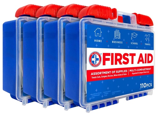 [BRSRABQLCJ4B6DTV] Be Smart Get Prepared 110 pc First Aid Kit (4 Pack): Clean, Treat, Protect Minor Cuts, Home, Office, Car, School, Business, Travel, Emergency, Outdoor, Camping & Sports (Packaging May Vary)