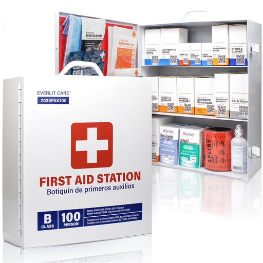 [BRSRGGI3C4HAKFLA] EVERLIT CARE 3-Shelf OSHA-Compliant First Aid Kit, ANSI Class B+ 100 Person Emergency First Aid Cabinet for Business, Job Site, Industrial Manufacturing Facility, Restaurant, and Kitchen