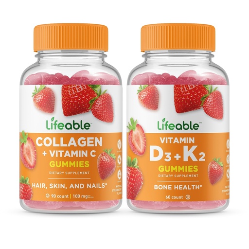 [BRSROFIEAR5G2HLX] Lifeable Collagen & Vitamin C + Vitamin D3 + Vitamin K2, Gummies Bundle - Great Tasting, Vitamin Supplement, Gluten Free, GMO Free, Chewable Gummy