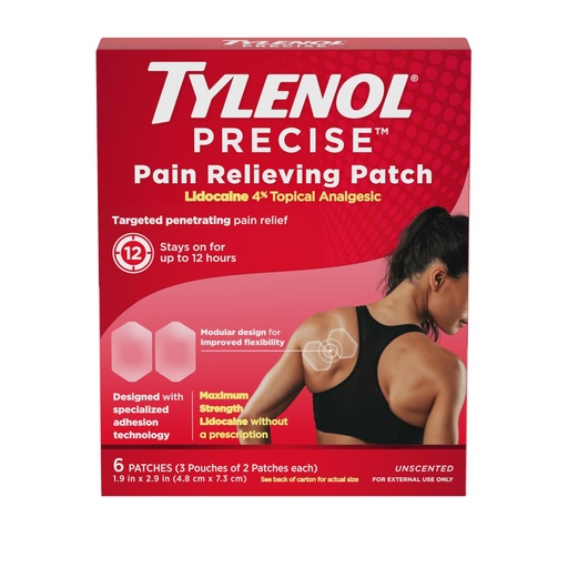 [BRSREAAHBMCRSAY3] Tylenol Precise Pain Relieving Patches, Topical Analgesic Patches + Maximum OTC Strength Lidocaine Penetrates, Targeted Relief Ideal for Shoulder, Back & Knee Pain, Unscented, 3 x 2 ct