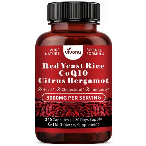 [BRSRGCTYCFYR4DTF] VivoNu Red Yeast Rice with CoQ10,Citrus Bergamot Supplement - 240 Capsules | Advanced Heart* & Healthy Cholesterol* Levels Support Formula with Citrus Bergamot, Phytosterols, Garlic Extract & Niacin