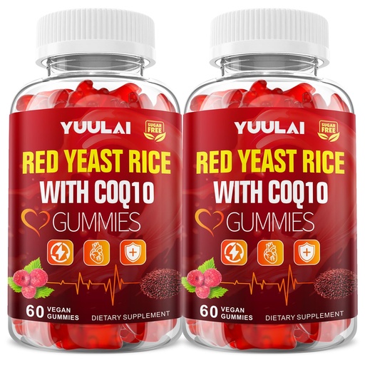 [BRSRGFANOQOQGG36] 2 Pack Red Yeast Rice with Coq10 Gummies, Red Yeast Rice Supplement for Overall Health, Sugar Free, Vegan, Raspberry Flavor, 120 Count