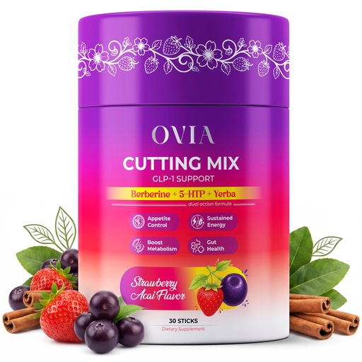 [BRSRYYYHCF7BUETB] OVIA Cutting Mix Craving Control & Weight Management Powder with Yerba Mate, Berberine, 5-HTP, Inulin FOS, L-Theanine, Chromium, Cinnamon & Ginger - Strawberry Acai - 30 Sticks