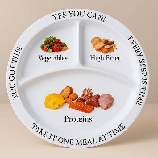 [BRSWYAAQAUCGOFIV] Bariatric Portion Control Plates for Weight Loss - Perfect for Bariatric Surgery Patients, Portion Control Containers for Easy Weight Management and Healthy Eating Habits - 2 Pack | BPA-free melamine plates with divided protein & veggie sections. Dishwasher-safe, durable portion guide. Set of 2.