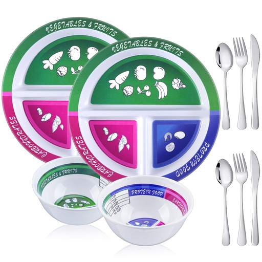 [BRSROCD5OAFA4D3K] 4 Pcs Portion Control Plate Bowls Set with 6 Pcs Stainless Steel Silverware 8.5 Inch Bariatric for Portion Control Divided Diet Bowl for Weight Loss Balanced Eating Adult