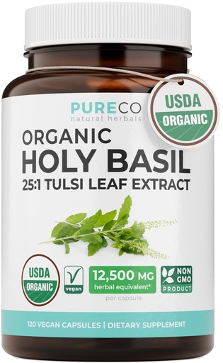 [BRSRGBQYAR7WC3Q4] USDA Organic Holy Basil Supplement 500mg 25:1 Extract 1 Capsule Per Serving | High Potency Organic Tulsi Holy Basil for Cortisol Balance Sleeplessness and Adaptogenic Mood Support (4 Month Supply)