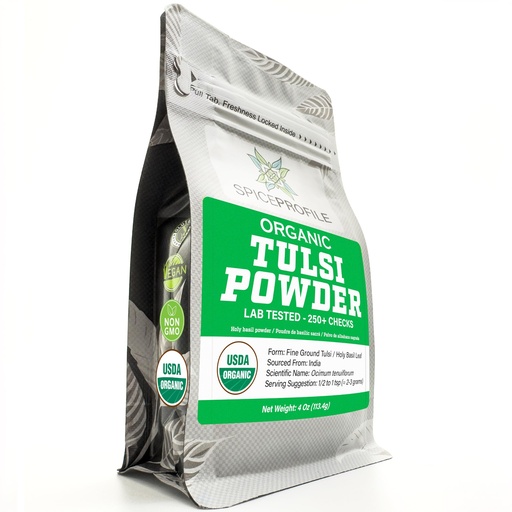 [BRSROATRDEMAEDTV] Spice Profile Organic Holy Basil Powder | 4 oz | Lab Tested | Aromatic, Herbaceous Flavor | Made From Indian Tulsi Leaves | Great For Herbal Teas, Smoothies, Wellness Blends & Recipes
