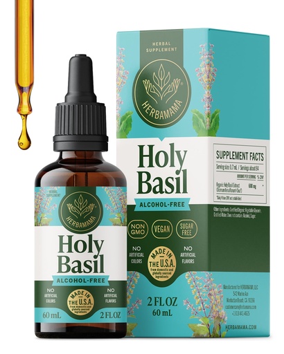 [BRSREEAFCQGRM2DV] HERBAMAMA Holy Basil Supplement - Mood Support Supplement | Tulsi Holy Basil • Stress Support • Non-GMO • Alcohol & Sugar-Free • Vegan • Liquid Formula • 42-Day Supply • 2 fl oz