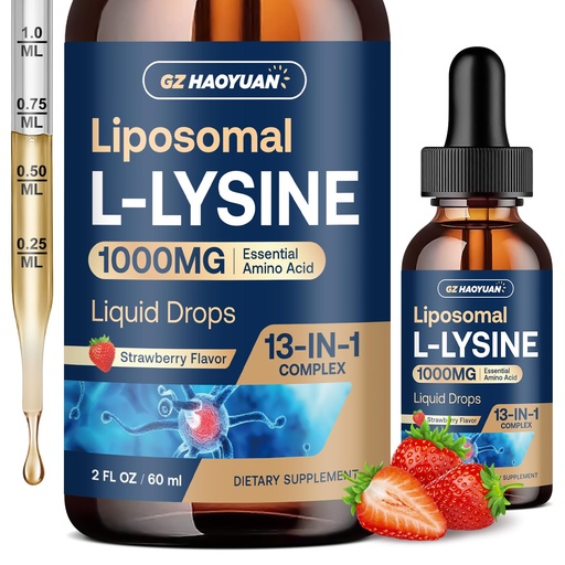[BRSRGBITOIBRYDY4] Liposomal L-lysine 1000MG Liquid Drops, 13-in-1 Lysine Monolaurin Supplements – Olive Leaf Extract with Vitamin C, B6, D3, B12 & Zinc for Collagen, Lip, Skin & Immune Support,Strawberry Flavor,2Fl Oz
