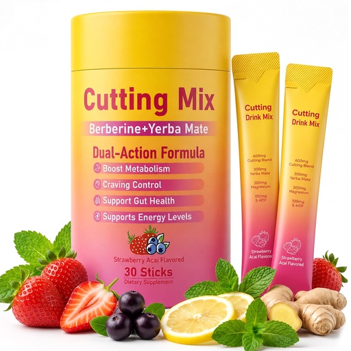 [BRSRGC35PMPBSHYV] Cutting Drink Mix – Supports Satiety, Metabolism & Energy | Berberine, Chromium, FOS, Yerba Mate & 5-HTP | Gut Health & Clean Fuel | Sugar-Free, Vegan, Non-GMO | Strawberry Açaí | 30 Sticks