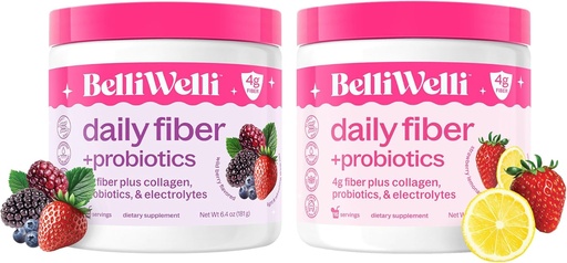 [BRSRABA2DEFWYHL3] Belli Welli Daily Fiber Supplement Bundle with Collagen, Probiotics & Electrolytes – Strawberry Lemonade & Wild Berry Flavors – Supports Digestion, Gut Balance, & Debloating – 32 Servings