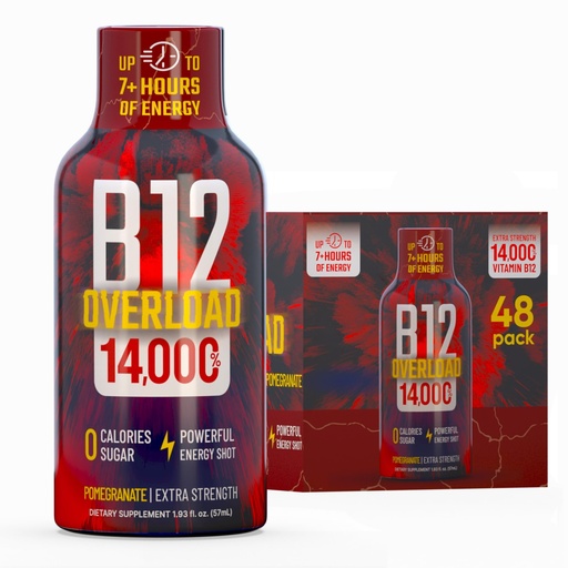 [BRSRABQ7CIGRAYDH] B12 Overload Extra Strength Energy Shot – Pomegranate – 260mg Caffeine, 14000% B12, Electrolytes – Energy & Vitality Support – Zero Sugar No Calories – Vegan, Kosher, Gluten-Free – 1.93 fl oz, 48-Pack