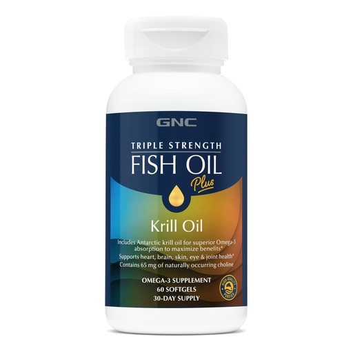 [BRSRGAT3CV6BUE3B] GNC Triple Strength Fish Oil Plus Krill Oil Omega 3 Supplement, 1000mg EPA and DHA, Supports Heart, Brain, Skin, Eye and Joint Health, 60 Softgels | Supports Cardiovascular Health, Vision, Brain Function, Skin Health, Omega-3 Formula, Gluten-Free, Sodium Free, Sugar Free