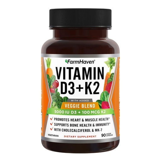 [BRSRAZQYB4PRQFDB] FarmHaven Vitamin D3 K2 Capsules - 5000 IU D3 and 100 mcg K2 - Cholecalciferol MK7 with Veggie Fruit Blend - Vitamin D K2 Supplement for Immune System & Heart Health - Vegetarian, Non-GMO, 90 Caps