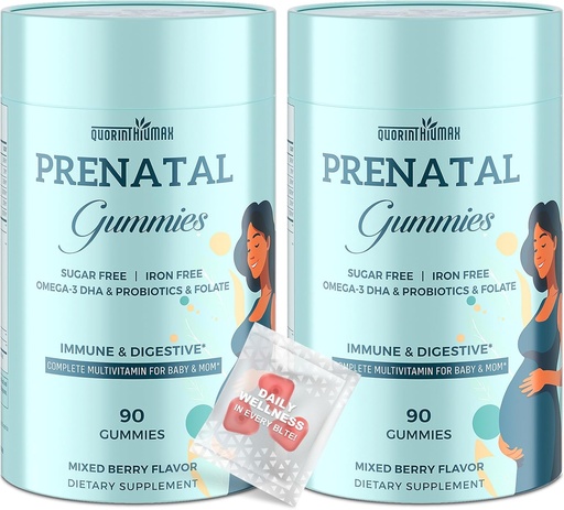 [BRSRAAIPOF5WMA3D] Prenatal Gummies Sugar Free 180 Count - Organics Prenatal Vitamins for Women with Folate, DHA & Probiotics - Iron Free Prenatal Vitamin Gummies for Immune & Digestive - 2 Bottles