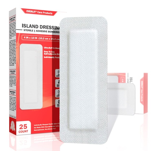 [BRSW2CQKPIFWC2DA] EVERLIT Island Dressing Bordered Gauze | Large Wound Care Bandage with Adhesive Border| Sterile, Soft & Highly Absorbent Medical Grade Dressing Pad (4x10 Inch (Pack of 25))