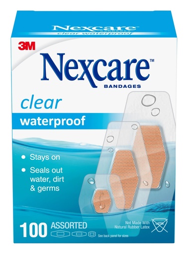 [BRSWKEA5OAOGEHL2] Nexcare Waterproof Clear Bandages, Covers and Protects, 360 Degree Seal Around The Pad Offers Exceptional Protection Against Water, Dirt, and Germs, Assorted Sizes, 100 Count