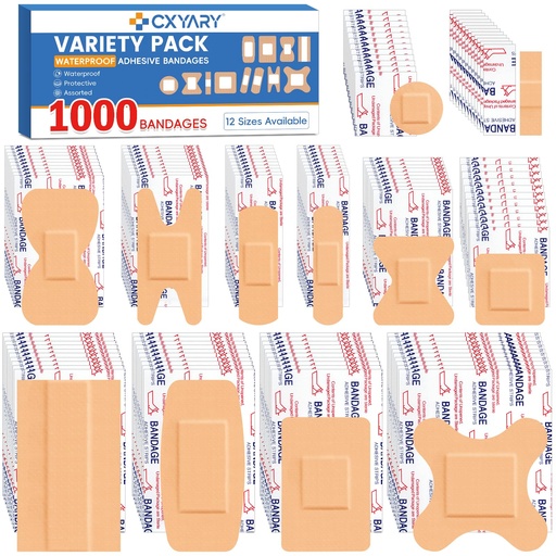 [BRSREHD5OR5QGHTU] 1000 Counts Assorted Bandages Bulk Variety Pack 12 Styles Waterproof | Flexible Heavy Duty Waterproof Bandages Individually Wrapped Used for Emergency Treatment and Skin Wound Care, Latex Free