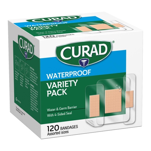 [BRSWYHYLOQBQGE3F] Curad Waterproof Bandage Variety Pack, 3 Styles Included; Assorted Size, 120 Bandages