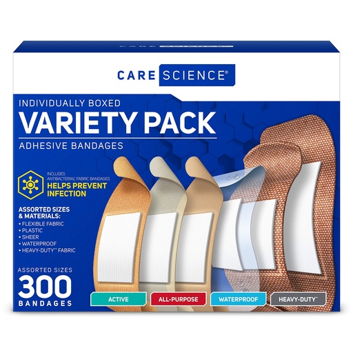 [BRSWYGA2OAMGYDL3] Care Science Variety Adhesive Bandages Pack, Assorted Sizes, 300 Count | Value Assortment of Individually Packaged Bandages. Including Active, All-Purpose, Waterproof & Heavy-Duty Bandages.