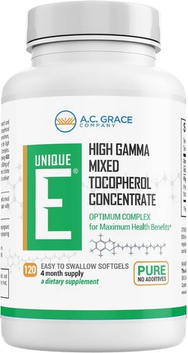 [BRSWIYQ3AYMQCAA5] UNIQUE E A.C. Grace Company Misto de tocoferóis 120 géis macios, suporta função cerebral saudável, saúde geral e apoio ao envelhecimento, vitamina E totalmente natural e Kosher