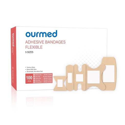 [BRSRAFAQOV6AKAIU] Ourmed Flexible Assorted Bandages Variety Pack 100 Pieces, Fingertip Bandages for First Aid, Slight Cuts, Scrapes, Abrasion & Wounds Care,Strong Hold for 24 Hours, Non-Latex