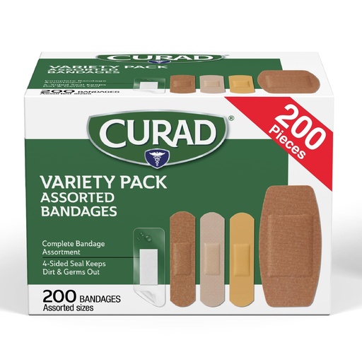[BRSWIH3RDEGBCHDE] CURAD Assorted Adhesive Bandages, 4-Sided Seal, Variety Pack, 200 Count, 1 Pack