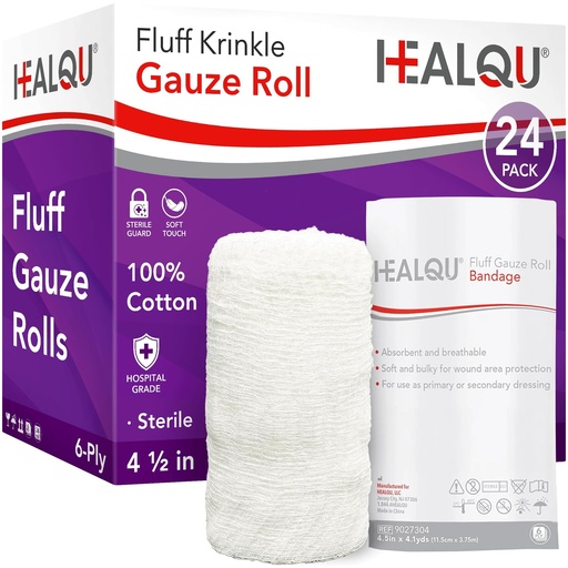[BRSROBADBF6AKHTA] HEALQU Kerlix Type Gauze Bandage Rolls - 4 ½ in x 4.1 Yds, 6 Ply - 24 Single Sterile Pocuhes - Extra Absorbency, Latex Free, Hospital Grade Cotton Krinkle Fluff Bandage Wrap - Wound Care & First Aid