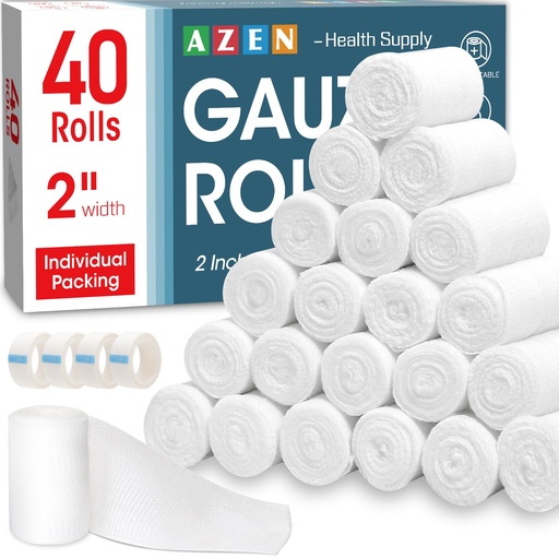 [BRSROHY5BF5RUCA7] AZEN 40 Pack Gauze Rolls Bandages, 2 in x 4.1 Yards, Premium Medical Supplies & First Aid Supplies, Bandage Wrap Vet Wrap, Mummy Wraps