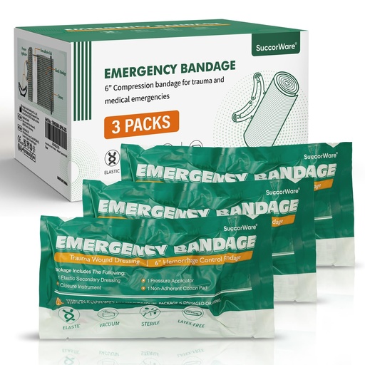 [BRSROAQNBN5B6YD6] SuccorWare 6 Inch 3 Packs Israeli Bandage - Emergency Bandage with Vacuum Sterile Package - for Wound Dressing, First Aid Kit, Medical Trauma Kit Refill