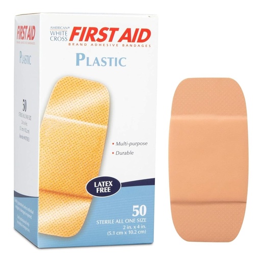 [BRSWGGAHOUPQO2TX] American White Cross 261846 First Aid Plastic Adhesive Bandages, Latex Free Bandages, Large Strips, 2" Width, 4" Length, Pack of 50