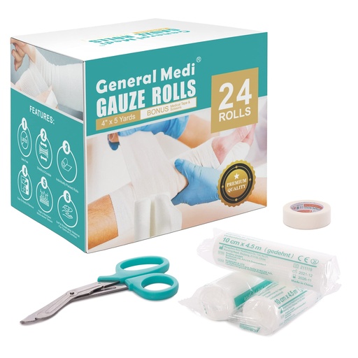 [BRSWGZIZOEIBOELD] General Medi Conforming Bandage, 4” x 5 Yards Stretched, 24-Pack Gauze Bandage Rolls with Bonus Tape + Scissors, First Aid Supplies, Non-Sterile