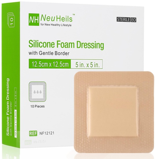 [BRSRAATYBZYGEADV] NeuHeils Silicone Foam Dressing with Border 5''x5'', 10 Pack for Bed Sores | High Absorbency, Painless Removal, Waterproof, Cushioned for Pressure Ulcers, Bed Sores, Leg Ulcers, Surgical Wounds