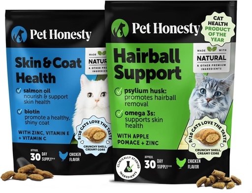 [BRSRAEITDF4AO3TO] Cat Skin & Coat Health & Hairball Support Bundle: Omegas & Biotin Chews for Shiny Coat & Furball Remedy (Chicken 30-Day Supply)