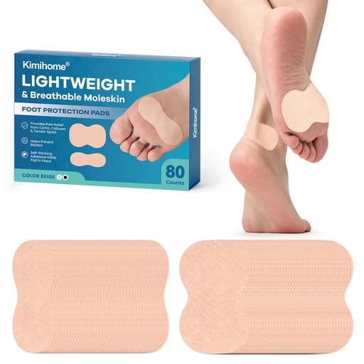 [BRSRGBT5DIDRM3DB] Kimihome Moleskin Tape for Blister Prevention - 80 ct Breathable Cushion Pads for Feet, Heel & Toes - Ultra-Thin Blister Bandages for Friction Protection, Ideal for Hiking - 2 Sizes