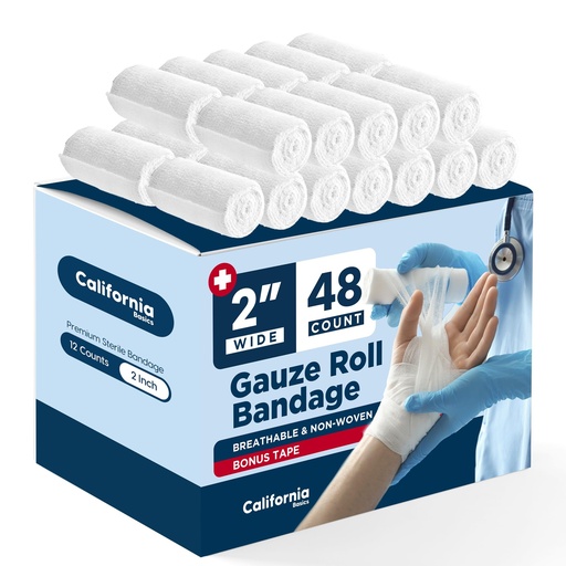 [BRSWYAQ6OICRSAYY] California Basics 48-Pack Gauze Bandage Roll with Tape, 2 Inches x 4 Yards - Soft, Stretchable & Breathable Wrap for Wound Care, First Aid & Medical Supplies - White