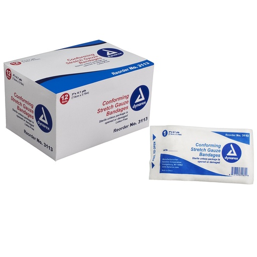 [BRSWIYQOAAMQGCDU] Dynarex Stretch Gauze Bandages, 3" x 4.1 yds, Sterile & Latex-Free, Wound Care in Medical and Home Environments, 1 Box of 12 Dynarex Stretch Gauze Bandages