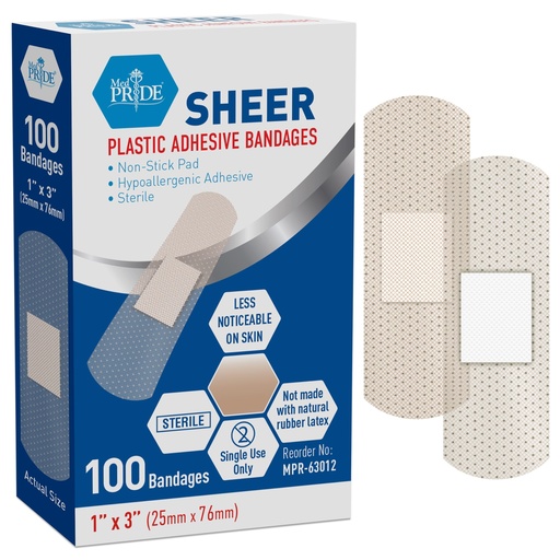 [BRSRMZQPOB7GA33B] MED PRIDE Sheer Bandages,Latex-Free,Hypoallergenic,Sterile,1x3 in,100-Count