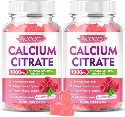 [BRSRAH36CB7WAALJ] 2 Pack Calcium Citrate Gummies 1000mg w/Vitamin D3, High Absorption Calcium Gummies for Women & Men, Plus Magnesium, Potassium, Zinc for Muscle & Immune, Raspberry Flavor, 120 Count