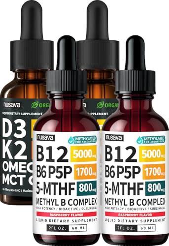 [BRSRGCD6AR4AACI2] NUSAVA (2-Pack) Methylated B Complex Liquid Drops Raspberry and (2-Pack) Organic Vitamin D3 K2 Drops with MCT Oil Omega 3 - Sublingual Vitamin B12 5000mcg and Liquid D3 5000 IU for Daily Wellness