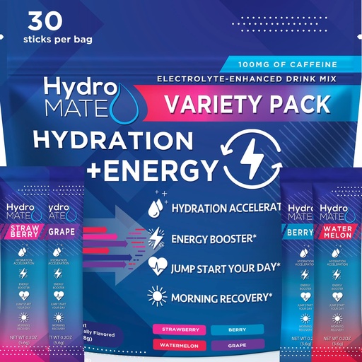 [BRSRM2QEBUHRUELZ] HydroMATE Electrolytes Powder Drink Mix Packets Hydration Accelerator Low Sugar Party Favors for Rapid Recovery Vitamin C Plus Caffeine Variety Pack - 30 Count