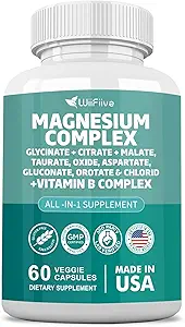 [BRSRAZACBAMBYFDD] Magnesium Complex Supplement, Clycinate 141mg Oxide 228mg Malate 58.5mg Citrate 62.4mg with Orotate Glycina Taurate Chloride Aspartate Gluconate Vitamin B, Max Absorption, Gluten-Free, Non-GMO